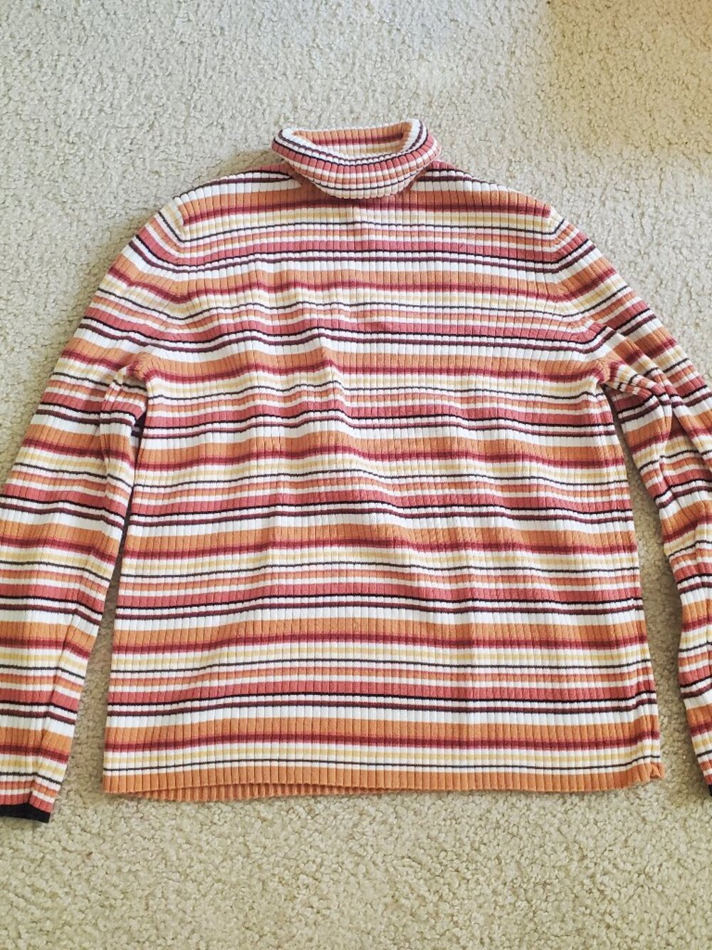 Hampshire Studio Striped Ribbed Turtleneck Sweater Orange Cream Long Sleeve XL
